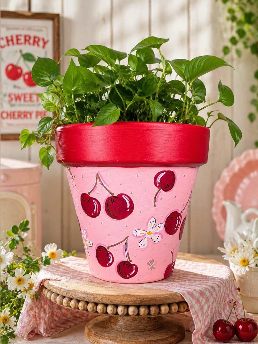 Hand Painted Cherry Terracotta Planter | 6” Pot | Signed Original Art